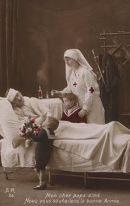 Kinder wünschen ihrem verletzten Vater ein frohes neues Jahr, Erster Weltkrieg von French Photographer