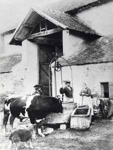 Bauern um einen Brunnen auf einem Bauernhof, ca. 1860-70