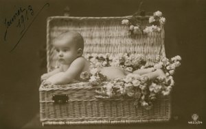 Postkarte eines Babys in einem Weidenkorb mit Blumen, gesendet im Januar 1913