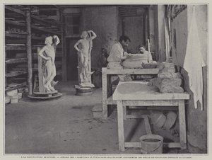 Werkstatt zur Herstellung von Behältern für Porzellanstücke während des Brennens in der Porzellanfabrik von Sèvres, Frankreich