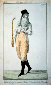 Pariser Anzug mit großem Kragen, Hose mit Stiefeln. Paris, Musee du Costume