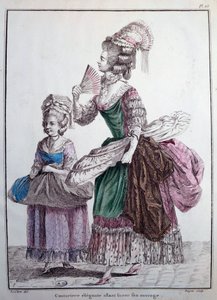Mode des 18. Jahrhunderts: eine elegante Designerin liefert ihr Werk, einen mit Walen besetzten Unterrock, der verwendet wird, um das Kleid der Frauen zu stützen. Gravur von 1778 Paris, dekorative Künste