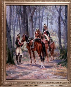 2 Reiter der 8. Drachen, als Späher unterwegs, Gemälde 65 x 58 cm, Öl auf Leinwand von De Villeneuve, Militärmaler Ende 19. Jahrhundert von French School