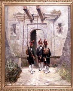 3 konvertierende Kanoniere, Gemälde 65 x 58 cm, Öl auf Leinwand von De Villeneuve, Militärmaler, spätes 19. Jahrhundert von French School