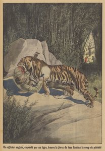 Ein britischer Offizier, von einem Tiger verschleppt, findet die Kraft, das Tier mit seiner Pistole zu töten von French School