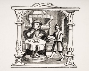 Ein Bürger isst seine Mahlzeit, nach einer Illustration in einem Manuskript aus dem 16. Jahrhundert, aus Le Moyen Age et La Renaissance von Paul Lacroix (1806-84) veröffentlicht 1847 von French School
