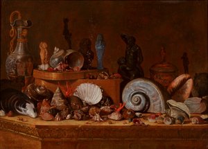 Ein Kuriositätenkabinett: Muscheln mit Korallen und eine Holzkiste sowie Antiquitäten einschließlich eines ägyptischen Uschebti auf einem Steinpodest, um 1730-70 von French School