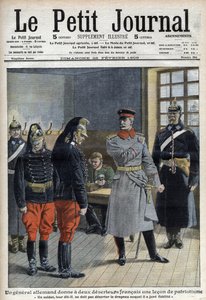 Ein deutscher General gibt zwei französischen Deserteuren (Dragonern eines Grenzregiments) eine Lektion in Patriotismus - „Ein Soldat darf die Fahne, der er Treue geschworen hat, nicht verlassen“ - „Le Petit Journal“ vom 28. Februar 1909 von French School