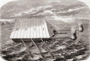 Ein griechisches Feuerschiff, nach einer Zeichnung in einem lateinischen Manuskript aus dem 13. Jahrhundert, aus „Les Merveilles de la Science“, veröffentlicht ca. 1870 (Gravur)