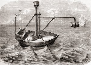 Ein griechisches Feuerschiff, nach einer Zeichnung in einem lateinischen Manuskript aus dem 13. Jahrhundert, aus Les Merveilles de la Science, veröffentlicht um 1870 (Stich) von French School