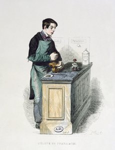Ein Pharmazieschüler bereitet Medizin vor, Illustration aus Les Francais peints par eux-memes, Editions L. Curmer, 1841