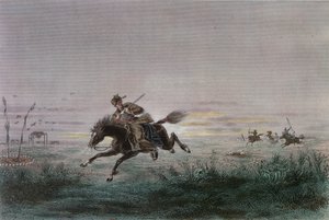 Ein Postbote des amerikanischen Pony Express wird von Ureinwohnern angegriffen