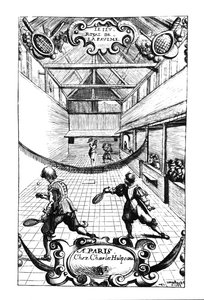 Ein königliches Tennisspiel im Jeu de Paume, Versailles, veröffentlicht von Charles Hulpeau von French School