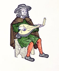 Ein Troubadour, der Laute spielt, aus der frühen 13. Jahrhundert Chantefable 