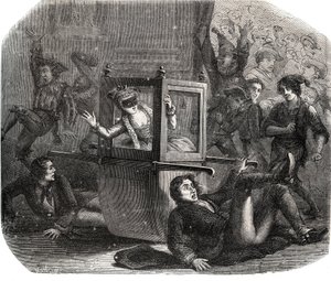 Eine Gruppe von Scherzkeksen hält Marie-Therese Le Vasseur (1721-1801) in einem Karnevalskostüm davon ab, in ihrem Rollstuhl voranzukommen. Sie ist Opfer der Rache eines ihrer ehemaligen Liebhaber. Gravur von 1871 in "Histoire Des Cocus Celebres" von French School