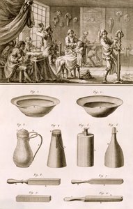 Ein Friseursalon und Friseurwerkzeuge, aus der Encyclopedie des Sciences et Metiers von Denis Diderot (1713-84) veröffentlicht ca. 1770 von French School