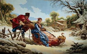 Ein Paar auf einem Schlitten in Russland Tapisserie der Manufakturen von Aubusson. 18. Jahrhundert. Aubusson, Tapisseriemuseum von French School