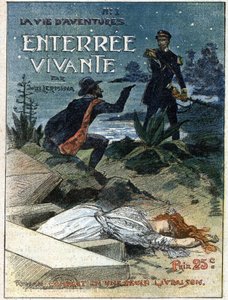 Eine kriminelle Waffe mit einer Pistole bedroht einen Gesetzeshüter, der ihn erwischt hat, als er versuchte, den Körper einer Frau zu begraben. Illustration für „Lebendig begraben“ von Jules Lermina (1839-1913). Eine der „Leben der Abenteuer“-Zeitungen. Gr