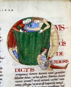 Ein Tuchhändler dekoriert das „Q“ Miniatur aus „Moralia in Job“ von Gregor I., genannt der Große oder Dialog (532-604)