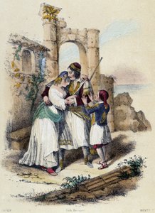 Eine Familie umgeben von Ruinen; Illustration für Griechenland, - in „The twelve Nations“ von M.E Fouinet von French School