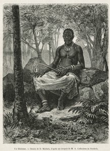 Ein Fetischist, Zauberer, der die magische Kraft von Fetischen nutzen kann, Zeichnung von D. Maillart, zur Illustration der Geschichte einer Reise nach Gabun und zum Ogoué-Fluss, 1875-1877, von Alfred Marche. Gravur in Le tour du monde von French School