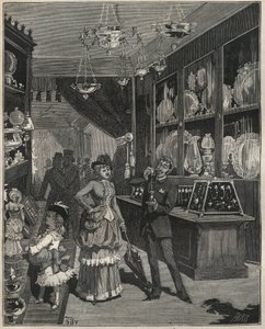 Ein Goldgeschäft in Frankreich im 19. Jahrhundert. Gravur von 1885 in „Les arts et métiers illustrés“ von Adolphe Bitard.