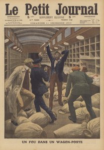 Ein Verrückter in einem Postwagen eines Zuges, der in Paris ankommt