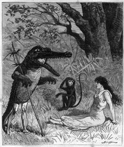 Ein Mann in Krokodilhaut spricht mit einer jungen Frau, die unter dem Blick eines Affen ohnmächtig geworden ist. Illustration von „Reise um die Welt des Seemanns Biribi“ von Theodore Labourieu und Saint Vrin. Gravur von 1880 in „La republique illustree“