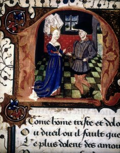 Ein Mann bietet einer Dame einen Ring an (Lettrine „n“). von French School