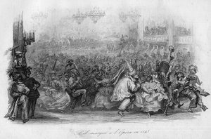 Ein Maskenball in der Pariser Oper im Jahr 1843. („Le carnaval“ Lied von Marc-Antoine Madeleine Desaugiers) in „CHANS et CHANS POPULES DE LA FRANCE - 1843 - H.- L. DELLOYE, Verleger, LIBRAIRIE DE GARNIER. von French School