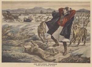 Ein Kaufmann wird von einem Wolfsrudel in Transsilvanien angegriffen (Farblithografie)
