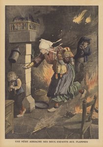 Eine Mutter rettet ihre Kinder vor einem Feuer