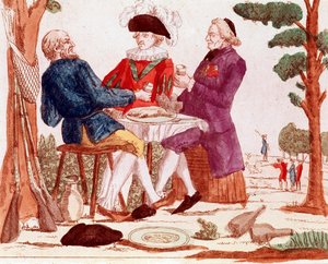 Ein Bauer (Dritter Stand), Klerus und Aristokrat essen gemeinsam einen Hasen an einem Tisch, im rechten Hintergrund eine Jagdszene, links drei Gewehre, August 1789 (Gravur, späte 18. Jahrhundert)