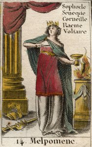 Darstellung von Melpomene, Muse der Tragödie, sie trägt eine Krone, ein Zepter und einen Dolch sowie einen Becher mit Gift. Aus „Mythologie der Jugend“ von Pierre Blanchard 1803