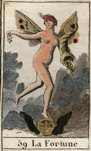 Darstellung der Göttin des Glücks Fortuna, sie entscheidet über das Gute und Böse der Menschen, hält ein Füllhorn und steht auf einem Rad. Aus „Mythologie der Jugend“ von Pierre Blanchard 1803 von French School