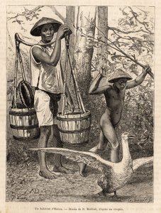 Ein Bewohner von Hatien (Vietnam) trägt Eimer und Korb und ein Kind jagt eine Gans mit einem Stock, Gravur nach einer Zeichnung von Robin, die die Reise nach Cochinchina von Doktor Morice in 1872 illustriert, veröffentlicht in "Le tour du monde" 1875, hera von French School