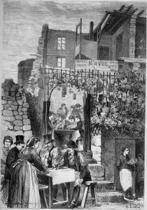 Ein Restaurant in den Ruinen des Schlosses von Saint Cloud während des Karnevals von French School