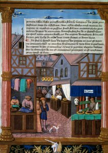 Eine Straße in Paris mit Läden zu Beginn des 16. Jahrhunderts. Manuskriptseite aus „Livre du gouvernement des Princes“ von Romain Gilles (16. Jahrhundert) Paris, Bibliothèque de l