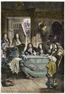 Ein Salon (Kabarett), der die französischen Schriftsteller Jean de La Fontaine, Nicolas Boileau-Despréaux, Dramatiker Jean Baptiste Poquelin genannt Molière und Dichter Jean Racine zusammenbringt von French School