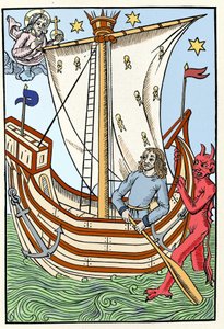 Ein Schiff in den Gefahren des Meeres. Ein Dämon ergriff den Bug, während Gott sich links manifestierte. Gravur aus „Der große Kalender und Kompost der Hirten“, Troyes 1491 von French School