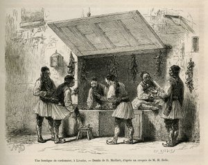 Eine Schusterwerkstatt und seine Kundschaft in Livadie, Zeichnung von D. Maillard zur Illustration der Geschichte von Henri Belle: Reise nach Griechenland von French School