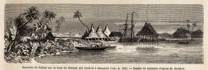 Eine Zuckerfabrik von Paklat am Arm des Menam, Hauptfluss von Thailand. Zeichnung von Sabatier zur Illustration von Henri Mouhots Reise in die Königreiche Siam, Kambodscha und Laos von 1858 bis 1861. Gravur in „Le tour du monde“, herausgegeben von Edouard  von French School