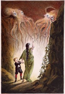 Eine Frau und ein Junge werden von zwei riesigen Kraken angegriffen - in „Reise zum Meeresgrund“ von H. de la Blanchère. Paris, ed. Jouvet et Cie, sd. 1880 von French School