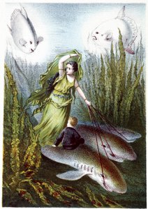 Eine Frau und ein Junge fliehen vor riesigen Fischen auf Haien - in "Reise zum Meeresgrund" von H. de la Blanchère. Paris, ed. Jouvet et Cie, sd. 1880