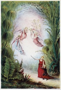 Eine Frau und Engel zeigen einem Jungen den Weg - in „Reise zum Meeresgrund“ von H. de la Blanchère. Paris, ed. Jouvet et Cie, sd. 1880.
