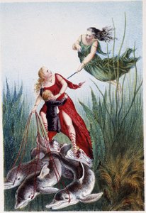 Eine Frau greift eine andere Frau und einen Jungen an, der von Delfinen geführt wird - in „Reise zum Meeresgrund“ von H. de la Blanchère. Paris, Hrsg. Jouvet et Cie, sd. 1880 von French School