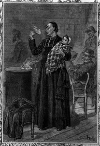 Abbe Marchal fütterte eine Waise, die in einem Krankenhaus in der Region Chaumont aufgenommen wurde. Gravur im berühmten Journal „La jeunesse“