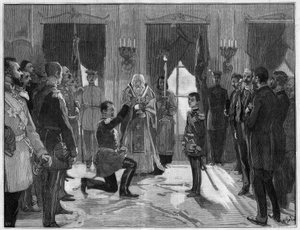 Abdankung von König Milan I. von Serbien (1854-1901), 7. März 1889: Der ehemalige König leistet seinem Sohn Alexander I. von Serbien (1876-1903), für den er gerade abgedankt hat, einen Treueeid. Gravur in „Le Monde Illustré“ Nr. 1666 vom 2. März