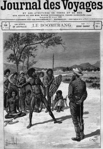 Aborigines von Australien benutzen einen Bumerang, Ende des 19. Jahrhunderts. Gravur in „Journal des Voyages“ vom 30. April von French School