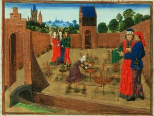 Ummauerter Garten mit einer Frau beim Gärtnern und anderen beim Tratschen, aus 